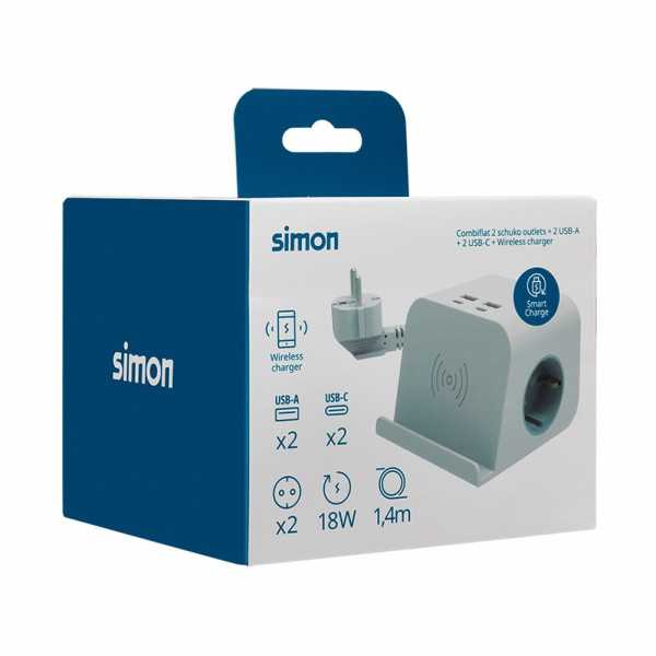 Base Combiflat 2 Tomas Schuko 16A 250 V ~ + 2 USB A + 2 USB C + Carga Inalámbrica con Soporte y Fijación Blanca SIMON