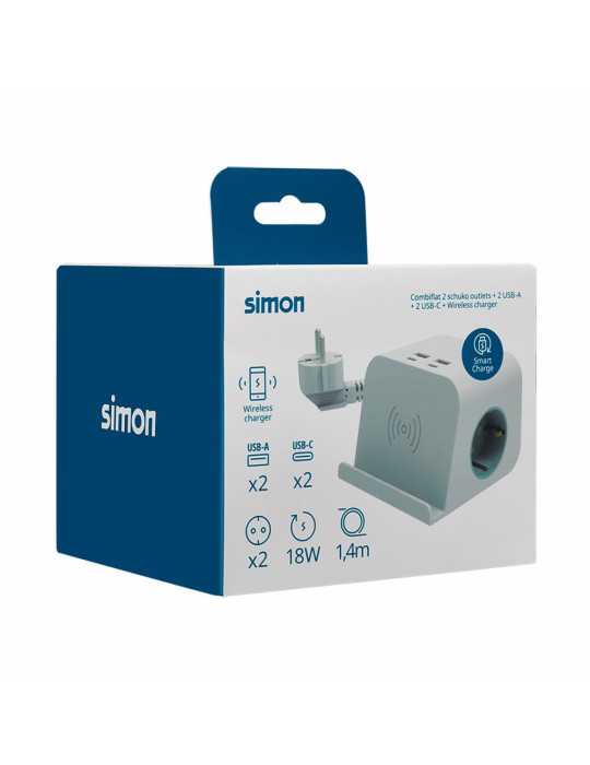 Base Combiflat 2 Tomas Schuko 16A 250 V ~ + 2 USB A + 2 USB C + Carga Inalámbrica con Soporte y Fijación Blanca SIMON