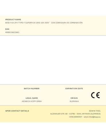 Base Fija 2P+T tipo F Superficie Gris 16A 250V~ con Cerradura de Combinación KOPP 2