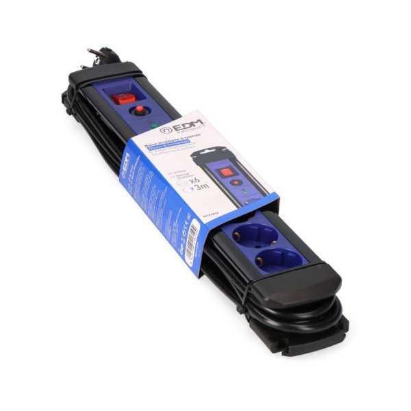 Base Multiple 6 Tomas 2P+T con Interruptor Luminoso+protector, 3 m Cable H05VV-F 3G1,5 mm² Negra / Azul EDM