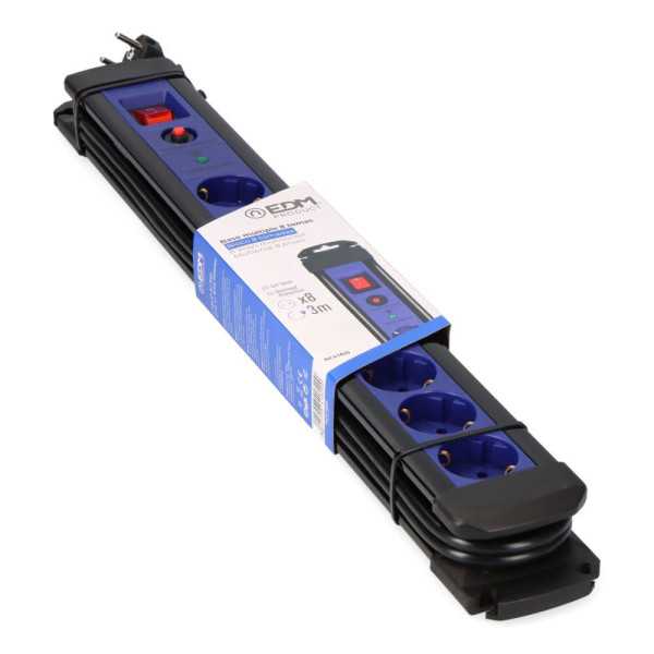 Base Multiple 8 Tomas 2P+T con Interruptor Luminoso+protector, 3 m Cable H05VV-F 3G1,5 mm² Negra / Azul EDM