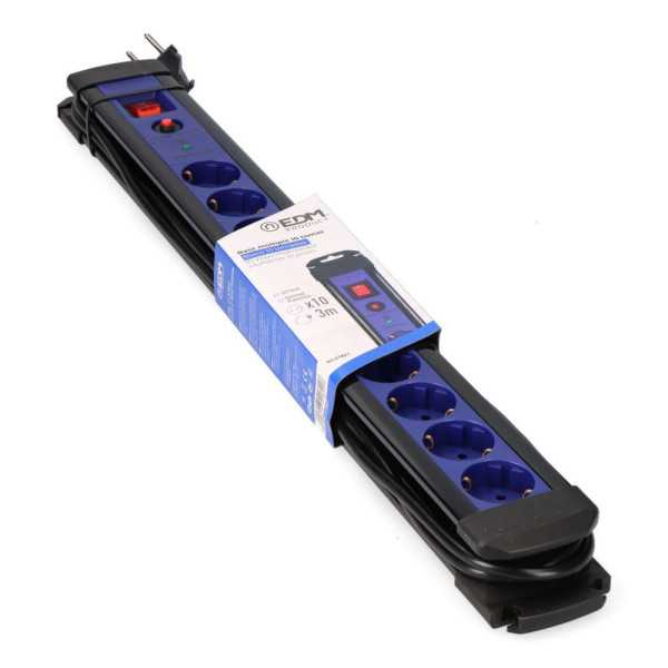 Base Multiple 10 Tomas 2P+T con Interruptor Luminoso+protector, 3 m Cable H05VV-F 3G1,5 mm² Negra / Azul EDM