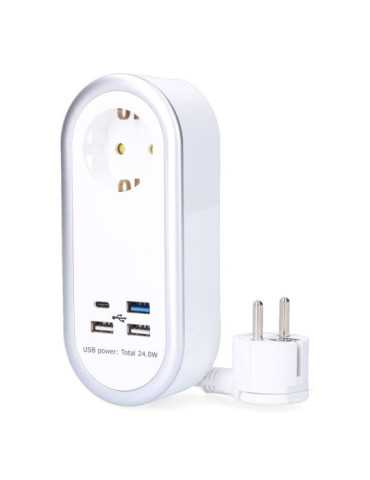 Base Aérea 1 Toma 2P+T Schuko, 4 USB (3 x A + 1 x C), 1,5 m de Cable H05VV-F 3G1,5 mm², 16A 250V~, Blanca EDM