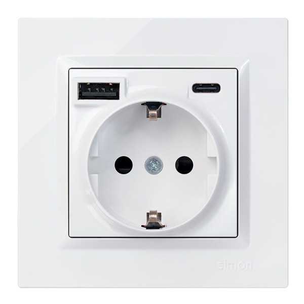 Base Enchufe Schuko + USB A + C 10,5 W 16 A 250 V~, 10, Blanco SIMON