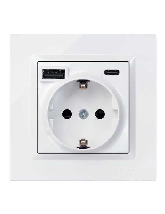 Base Enchufe Schuko + USB A + C 10,5 W 16 A 250 V~, 10, Blanco SIMON