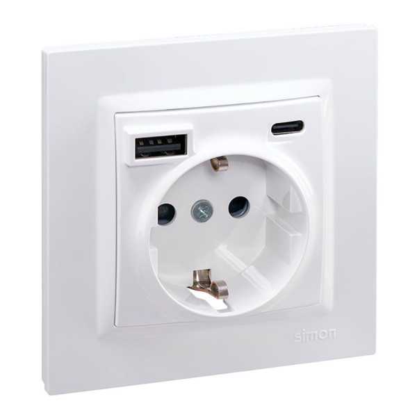 Base Enchufe Schuko + USB A + C 10,5 W 16 A 250 V~, 10, Blanco SIMON