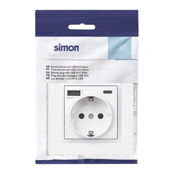 Base Enchufe Schuko + USB A + C 10,5 W 16 A 250 V~, 10, Blanco SIMON