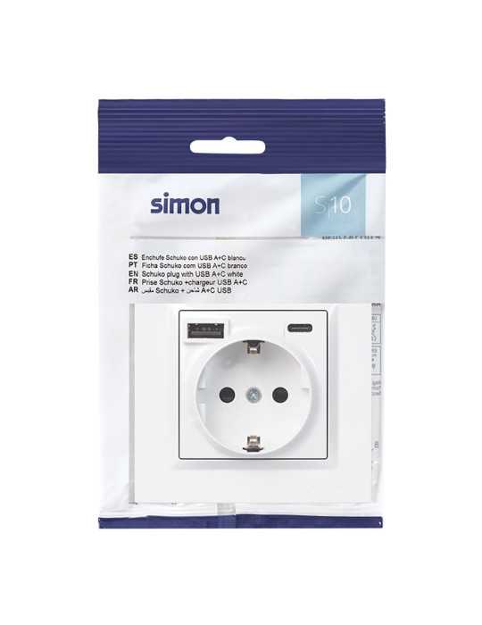 Base Enchufe Schuko + USB A + C 10,5 W 16 A 250 V~, 10, Blanco SIMON