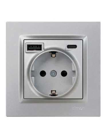 Base Enchufe Schuko + USB A + C 10,5 W 16 A 250 V~, 10, Aluminio SIMON