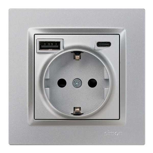 Base Enchufe Schuko + USB A + C 10,5 W 16 A 250 V~, 10, Aluminio SIMON