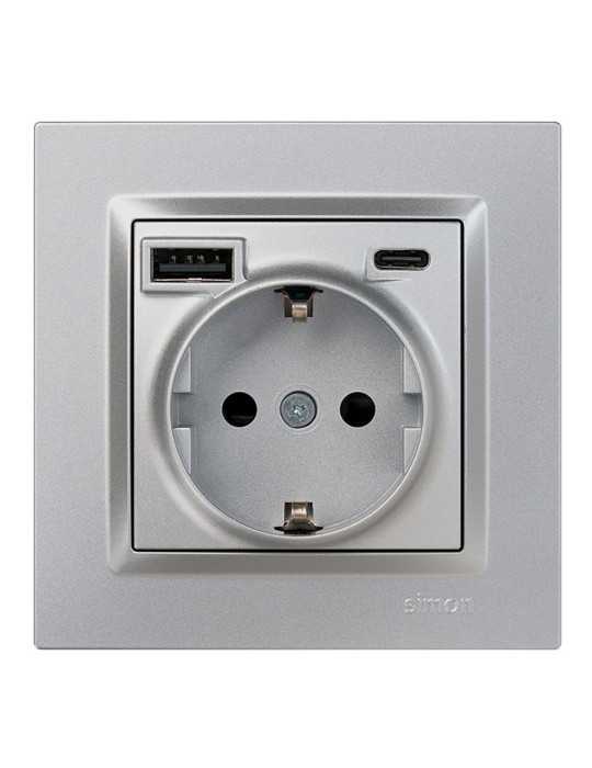 Base Enchufe Schuko + USB A + C 10,5 W 16 A 250 V~, 10, Aluminio SIMON