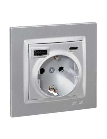Base Enchufe Schuko + USB A + C 10,5 W 16 A 250 V~, 10, Aluminio SIMON 2