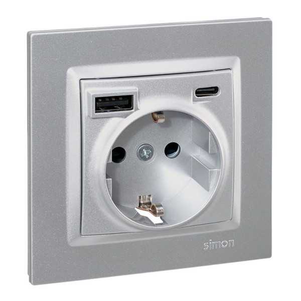Base Enchufe Schuko + USB A + C 10,5 W 16 A 250 V~, 10, Aluminio SIMON