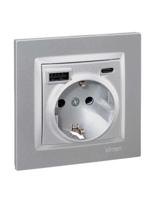 Base Enchufe Schuko + USB A + C 10,5 W 16 A 250 V~, 10, Aluminio SIMON