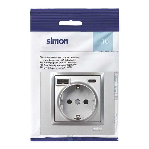 Base Enchufe Schuko + USB A + C 10,5 W 16 A 250 V~, 10, Aluminio SIMON