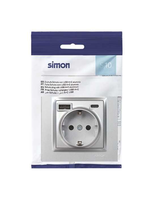Base Enchufe Schuko + USB A + C 10,5 W 16 A 250 V~, 10, Aluminio SIMON
