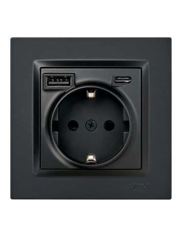 Base Enchufe Schuko + USB A + C 10,5 W 16 A 250 V~, 10, Negro SIMON