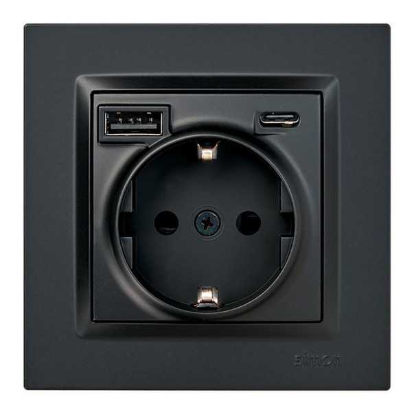 Base Enchufe Schuko + USB A + C 10,5 W 16 A 250 V~, 10, Negro SIMON