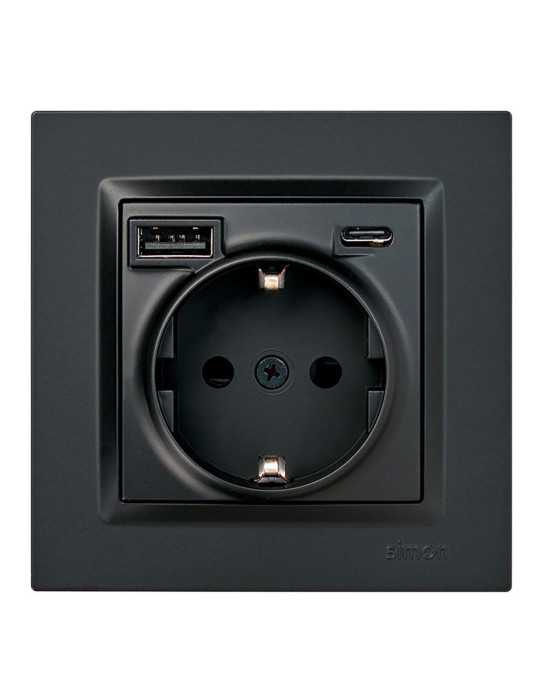 Base Enchufe Schuko + USB A + C 10,5 W 16 A 250 V~, 10, Negro SIMON