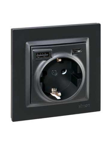 Base Enchufe Schuko + USB A + C 10,5 W 16 A 250 V~, 10, Negro SIMON 2