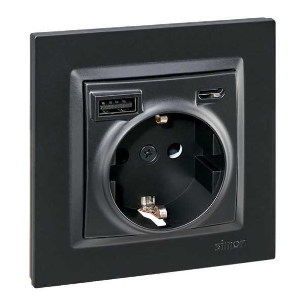 Base Enchufe Schuko + USB A + C 10,5 W 16 A 250 V~, 10, Negro SIMON