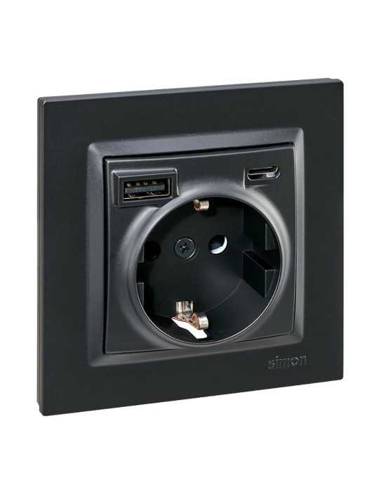 Base Enchufe Schuko + USB A + C 10,5 W 16 A 250 V~, 10, Negro SIMON