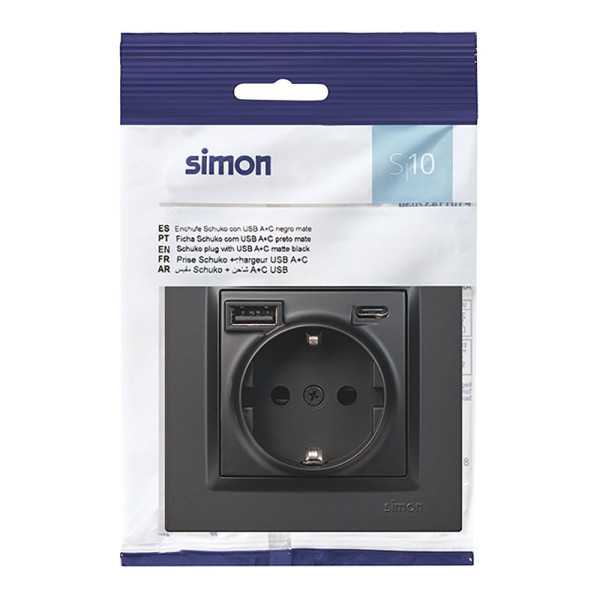 Base Enchufe Schuko + USB A + C 10,5 W 16 A 250 V~, 10, Negro SIMON