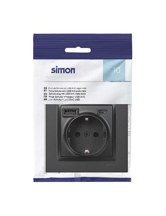 Base Enchufe Schuko + USB A + C 10,5 W 16 A 250 V~, 10, Negro SIMON