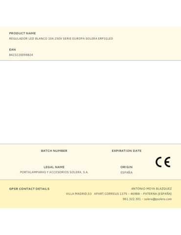 Regulador LED Blanco 10A 250V Serie Europa ERP31LED SOLERA 2