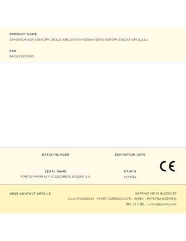 Cargador Serie Europa Doble USB 230V 5V 4200mA Serie Europa ERP2USBU SOLERA 2