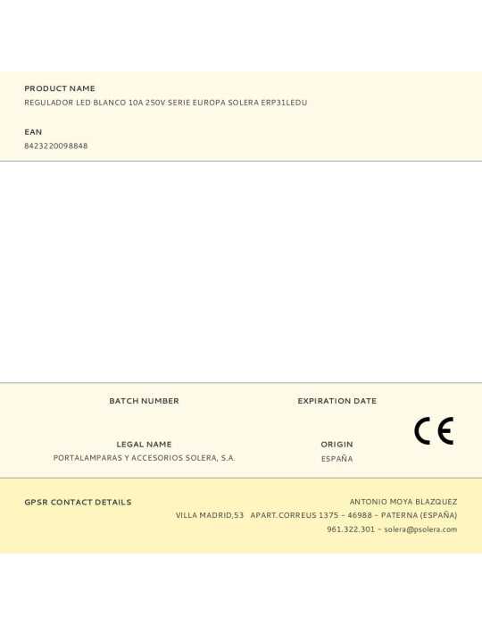 Regulador LED Blanco 10A 250V Serie Europa ERP31LEDU SOLERA