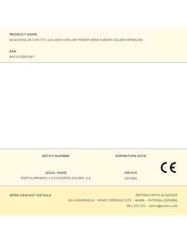 Base Bipolar con T/Tl 16A 250V con USB Power Serie Europa ERP60USB SOLERA 2