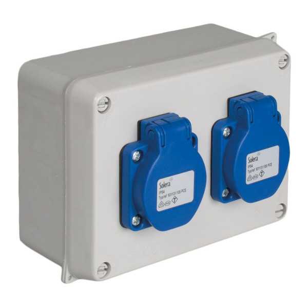 Caja Estanca Montada 153 x 100 x 65 mm con 2 Bases tipo F 2P+T, 16A, 250V~, IP54 SOLERA