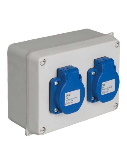 Caja Estanca Montada 153 x 100 x 65 mm con 2 Bases tipo F 2P+T, 16A, 250V~, IP54 SOLERA