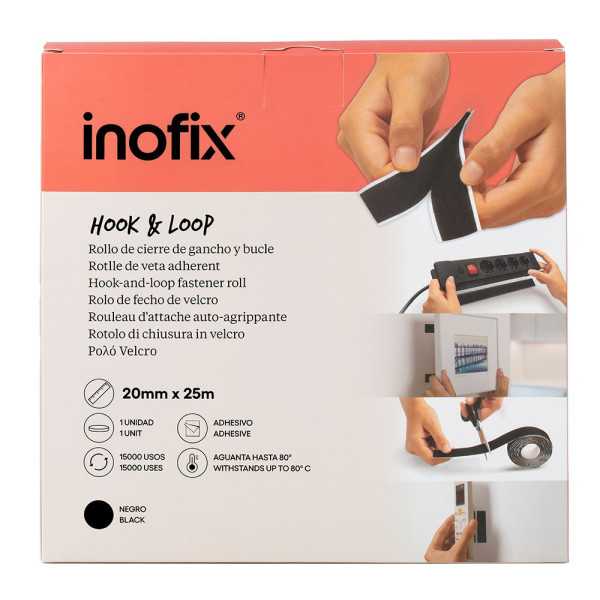Rollo Adhesivo de Cierre de Gancho y Bucle, 20 mm x 25 m, Negro INOFIX