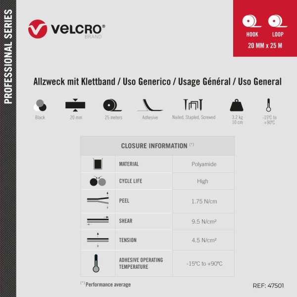 Cinta de Gancho y Bucle Adhesiva Negra 20 mm x 25 m VELCRO®