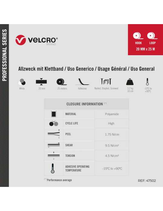 Cinta de Gancho y Bucle Adhesiva Blanca 20mm x 25 m VELCRO®
