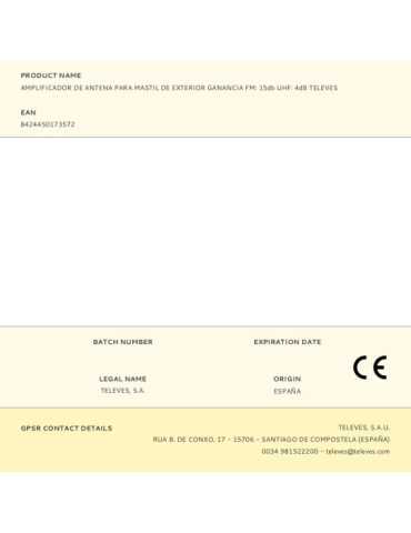 Amplificador de Antena para Mastil de Exterior Ganancia FM: 15db UHF: 4dB TELEVES 2