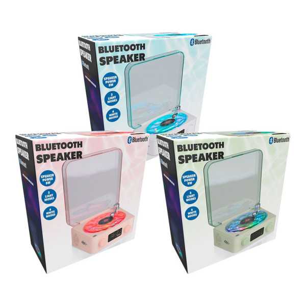 Altavoz Bluetooth en Forma de Tocadiscos, con Reloj, Ruido Blanco y Luz RGB, Colores Surtidos BASICS