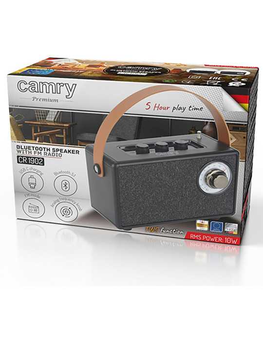 Radio FM Recargable con Bluetooth CR 1902 Negra, 16 x 7 x 10,5 cm CAMRY