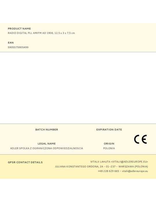 Radio Digital Pll Am/Fm Ad 1906, 12,5 x 3 x 7,5 cm ADLER