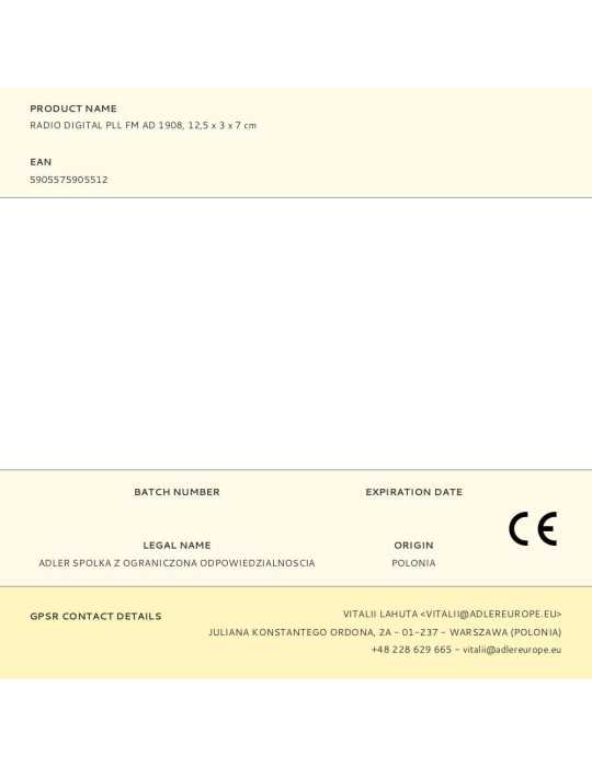 Radio Digital Pll FM Ad 1908, 12,5 x 3 x 7 cm ADLER