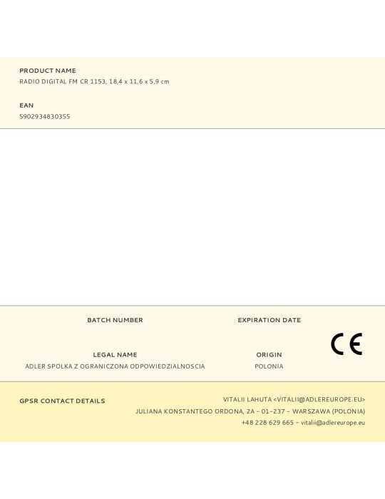 Radio Digital FM CR 1153, 18,4 x 11,6 x 5,9 cm CAMRY