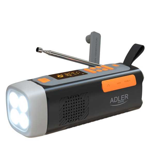 Radio Emergencia Solar + Manivela, Linterna LED 4 W, Powerbank 4500 mAh Ad 1920 ADLER