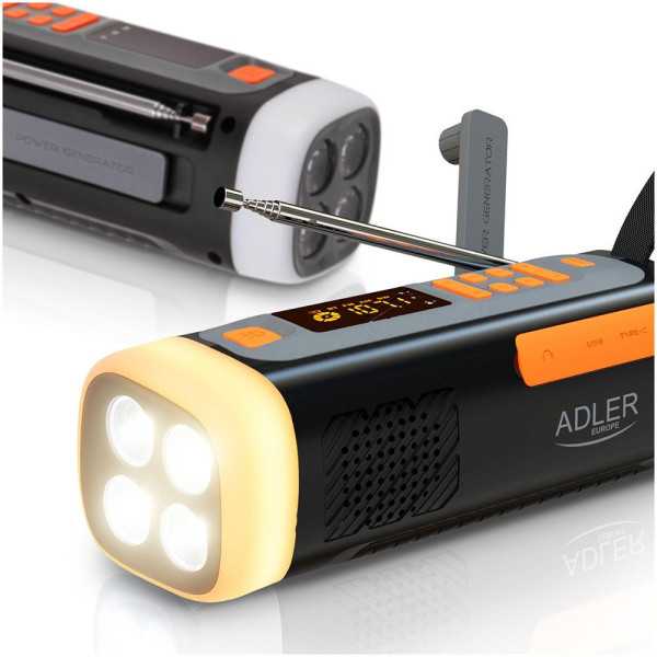 Radio Emergencia Solar + Manivela, Linterna LED 4 W, Powerbank 4500 mAh Ad 1920 ADLER