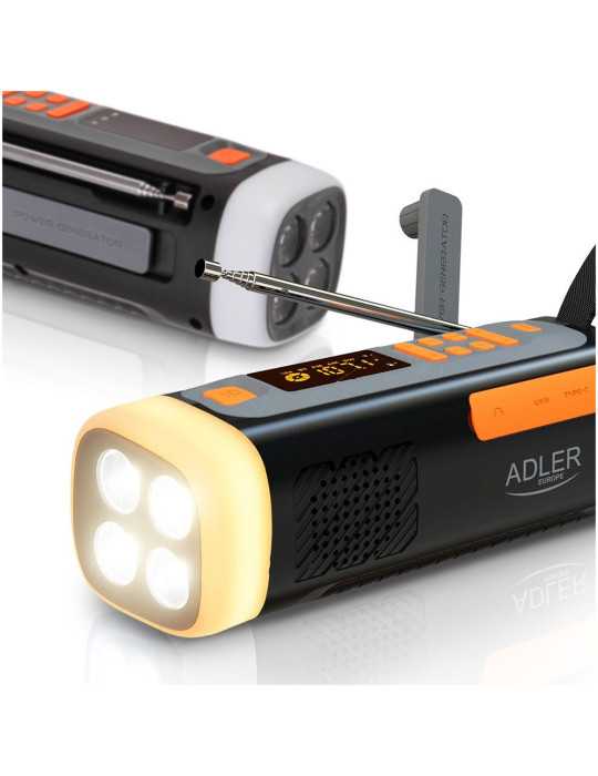 Radio Emergencia Solar + Manivela, Linterna LED 4 W, Powerbank 4500 mAh Ad 1920 ADLER