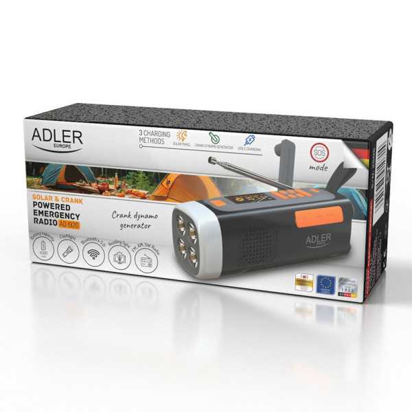 Radio Emergencia Solar + Manivela, Linterna LED 4 W, Powerbank 4500 mAh Ad 1920 ADLER