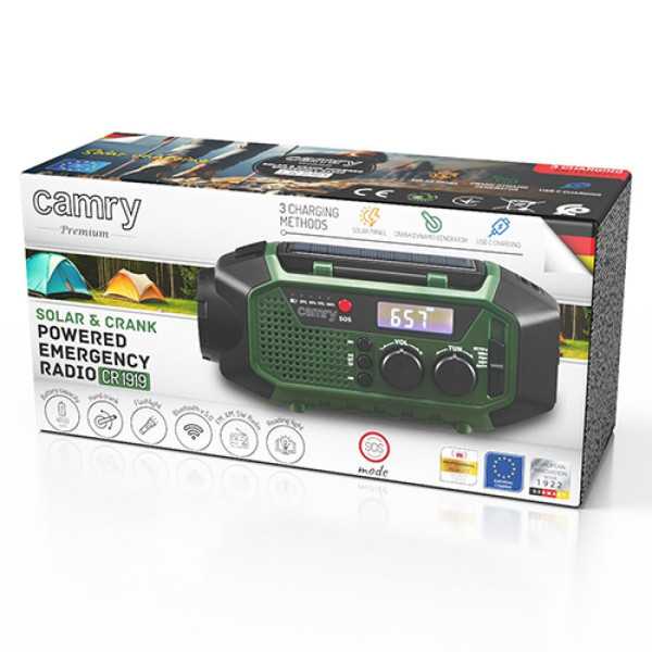 Radio Emergencia Multifunción Solar/Dinamo/Usb 4000 mAh CR1919, Verde, 181 x 72 x 82 mm CAMRY
