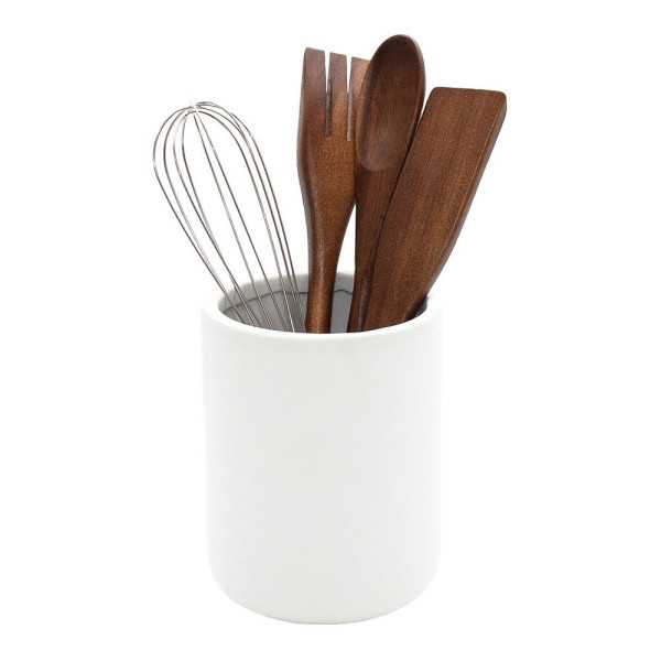 Bote de Cerámica Blanco con Utensilios de Cocina en Madera de Acacia, 5 Piezas ANDREA HOUSE