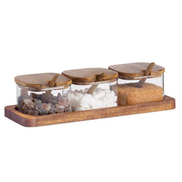 Azucarero de Vidrio y Madera de Acacia, 3 Piezas con Bandeja, 27 x 10,5 x 7 cm ANDREA HOUSE